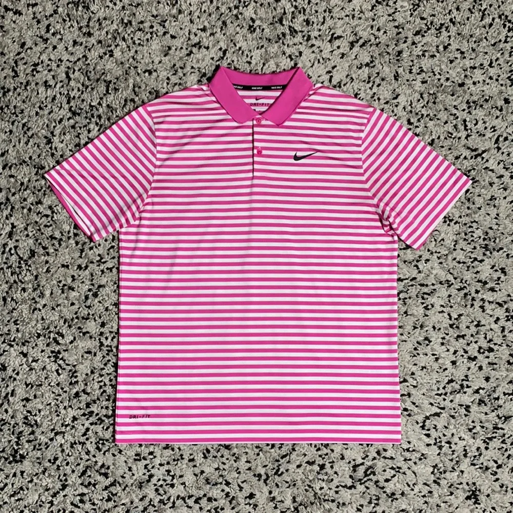 Nike Pink and White Striped Polo Shirt